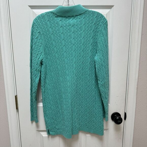 Lands' End Fisherman Cable Knit Sweater Womens Large Tall Green Cotton Mock Neck - Picture 2 of 8